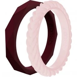 Women's QALO Stackable Silicone Wedding Ring Set- Maroon And Blush